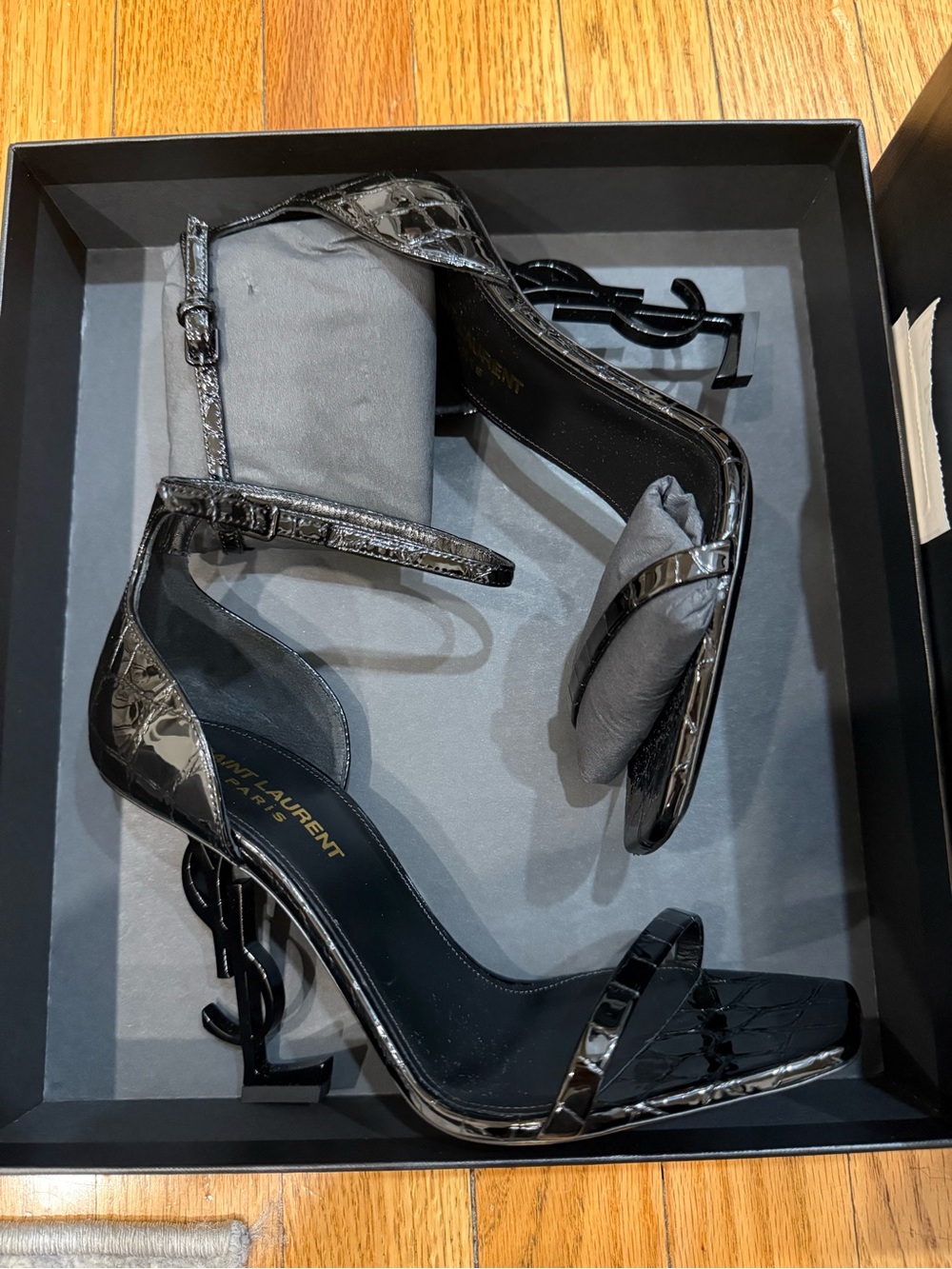 Saint Laurent Black Croc-Embossed Patent YSL Monogram Heels - Picture 2 of 6